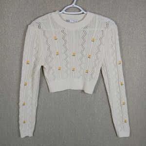 Zara Sweater Womens Small Beige Floral Embroidered Knit Cropped Crew Neck Casual